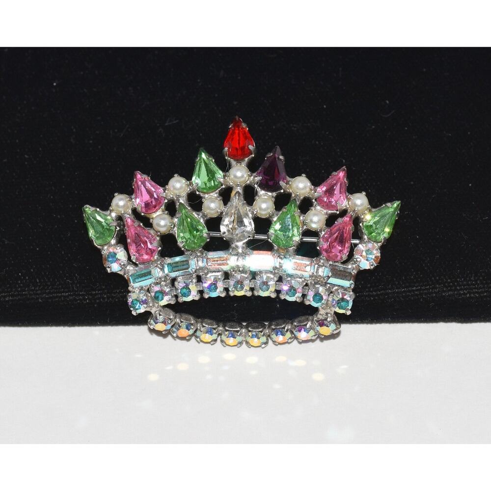 Vintage B. David Aurora Borealis, Peridot, Ruby Rhinestone Crown Brooch Signed